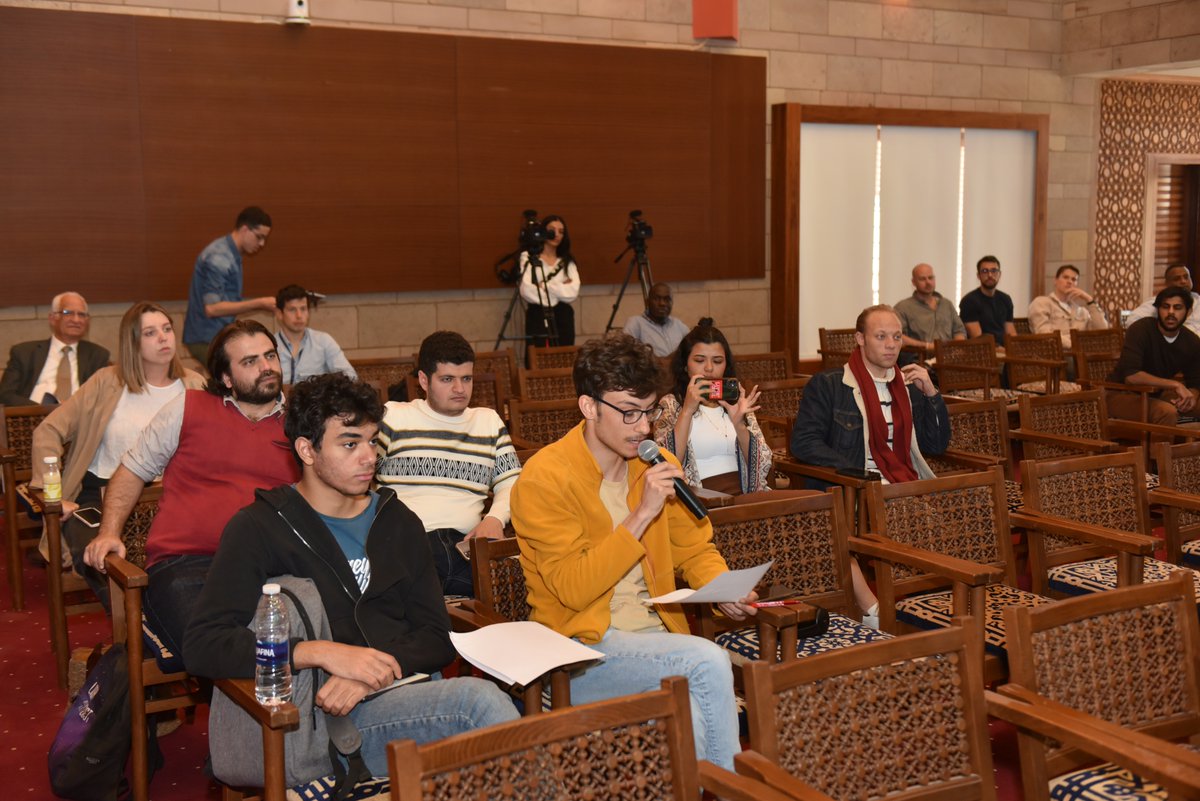 AUCPresident's tweet image. Wishing our students &amp;amp; faculty an exciting week as @AUC kicked off its annual Research &amp;amp; Creativity Convention #RCC2023, in the presence of H.E. Dr. @yasminefoud, bringing together research, design, innovation, &amp;amp; creativity activities. #AUCDriven