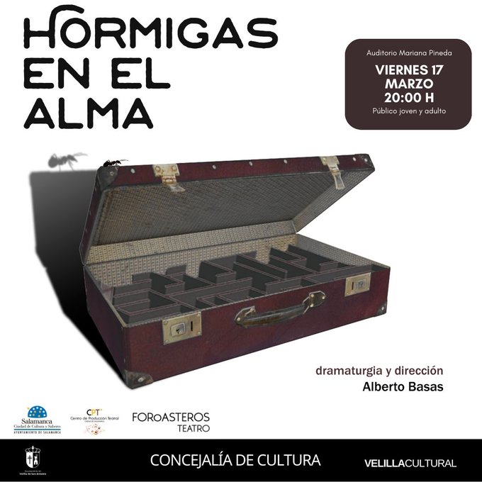 🎭Este viernes, teatro "Hormigas en el alma".
Un espectáculo en torno a la trama del robo de niños.
 📆Viernes 17 marzo
🕖20 h
📌Auditorio
Espectáculo para público joven y adulto

🎫Entradas:
– Online flowte.me/storefront/vel…
– Taquilla, mismo día del espectáculo de 18 a 19:30 h