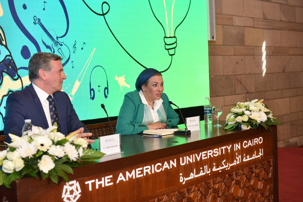 AUCPresident's tweet image. Wishing our students &amp;amp; faculty an exciting week as @AUC kicked off its annual Research &amp;amp; Creativity Convention #RCC2023, in the presence of H.E. Dr. @yasminefoud, bringing together research, design, innovation, &amp;amp; creativity activities. #AUCDriven
