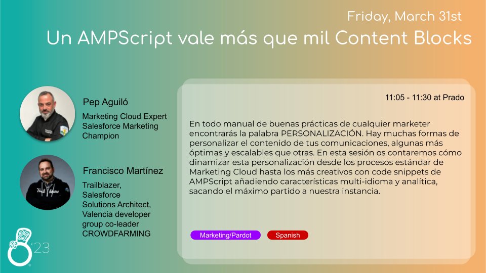 dreamOle__c's tweet photo. Enjoy #dreamOle23 with the session hosted by @Pep_Aguilo and @frankey90
Un AMPScript vale más que mil Content Blocks

https://t.co/O1zBfv2N8s - via Whova Event App https://t.co/adbiIt5Qd8