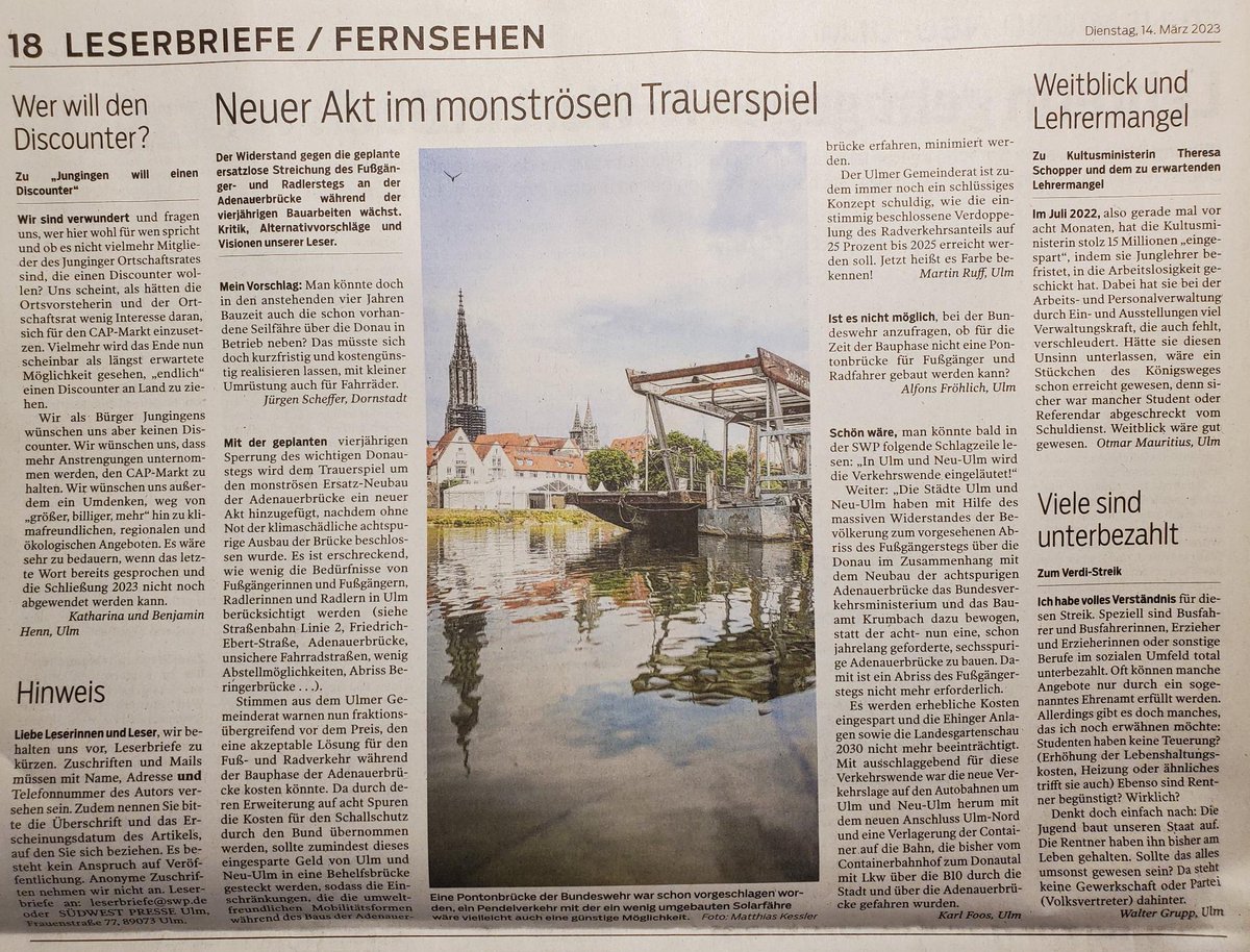 In #Ulm geht es in den nächsten Akt.
Unser Parteimitglied <a href="/martinruff1/">Martin Ruff 🇺🇦🌱🪴🌳🌈</a> äußert sich kompakt zu allen Punkten, die in der Stadt <a href="/ulm_donau/">Stadt Ulm</a> in den letzten Jahren für Rad und Fuß negative Auswirkungen hatten oder auch immer noch haben. Hoffen wir das es nicht so kommt #verkehrswende