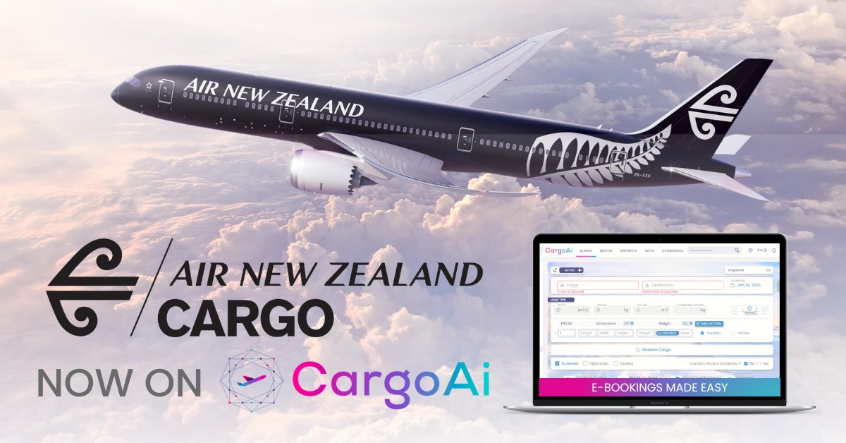cargoai's tweet photo. CargoAi has partnered with Air NZ Cargo, expanding our footprint to North America. Freight forwarders in the USA and Canada can now book General and Express cargo on all Air NZ Cargo routes through our digital marketplace, CargoMART. https://t.co/RzBjyBKPmy
