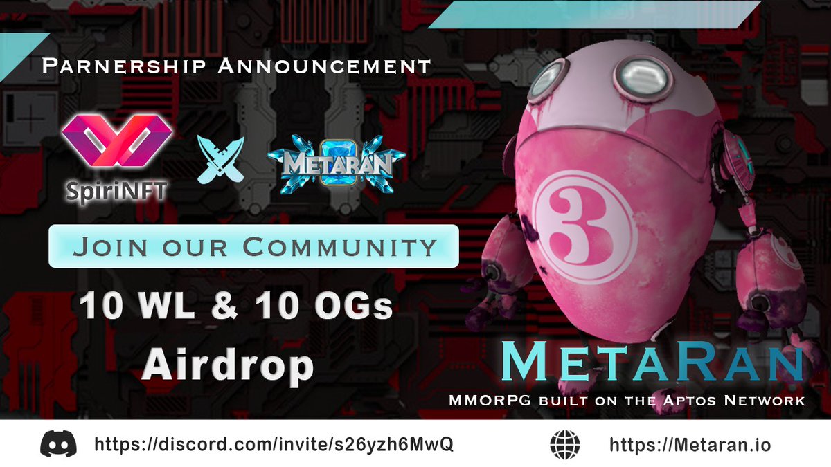 Amazing to partner with @SpiriNFT🤖
 
🚀10 OG from <a href="/Meta__Ran/">MetaRan</a> &amp; 10 WL from @SpiriNFT

1. Follow <a href="/Meta__Ran/">MetaRan</a> &amp; @SpiriNFT
2. Like &amp; Retweet
3. Tag 3 friends
4. Join: discord.com/invite/s26yzh6… &amp; discord.gg/Pq2asrCzXp

#Aptos #Sui #NFT #DeFi #AptosLaunch #suilaunch