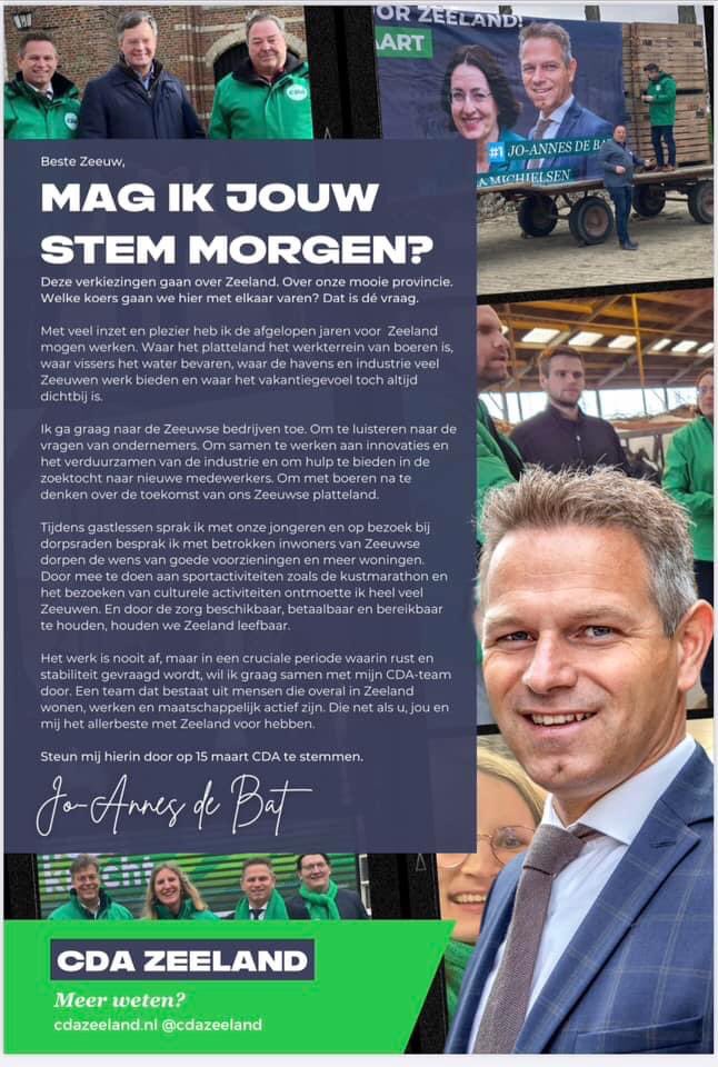 .<a href="/JoAnnesdeBat/">Jo-Annes de Bat</a> is trots op Zeeland en wij zijn trots op onze lijsttrekker! Al acht jaar zet Jo-Annes zich als gedeputeerde onvermoeibaar in Voor Zeeland &amp; de Zeeuwen. Dus stem morgen: Betrokken Betrouwbaar de Bat! #lijst1 #CDA #PS23 #Zeeland