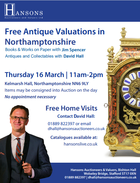 ✒️DIARY DATE | MARCH 16

FREE  antique & jewellery  valuations in #Northamptonshire @KelmarshHall 

We'd love to see you 😊

@NTelegraph @HansonsAuctions