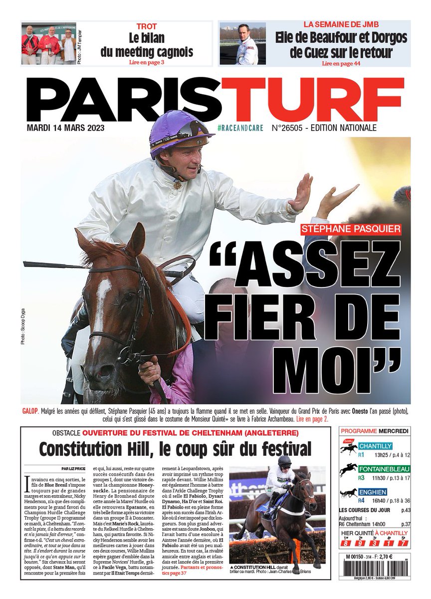 ParisTurf (@paris_turf) on Twitter photo La Une du jour 🔝
➡️ Interview de Stéphane Pasquier <a href="/pasquito60/">Pasquier Stéphane</a>
➡️ Bilan du meeting de <a href="/hippocotdazur/">Hippodrome de Cagnes-sur-Mer 🏇</a>
➡️ La semaine de Jean-Michel Bazire 👀 La Une du jour 🔝
➡️ Interview de Stéphane Pasquier <a href="/pasquito60/">Pasquier Stéphane</a>
➡️ Bilan du meeting de <a href="/hippocotdazur/">Hippodrome de Cagnes-sur-Mer 🏇</a>
➡️ La semaine de Jean-Michel Bazire 👀
