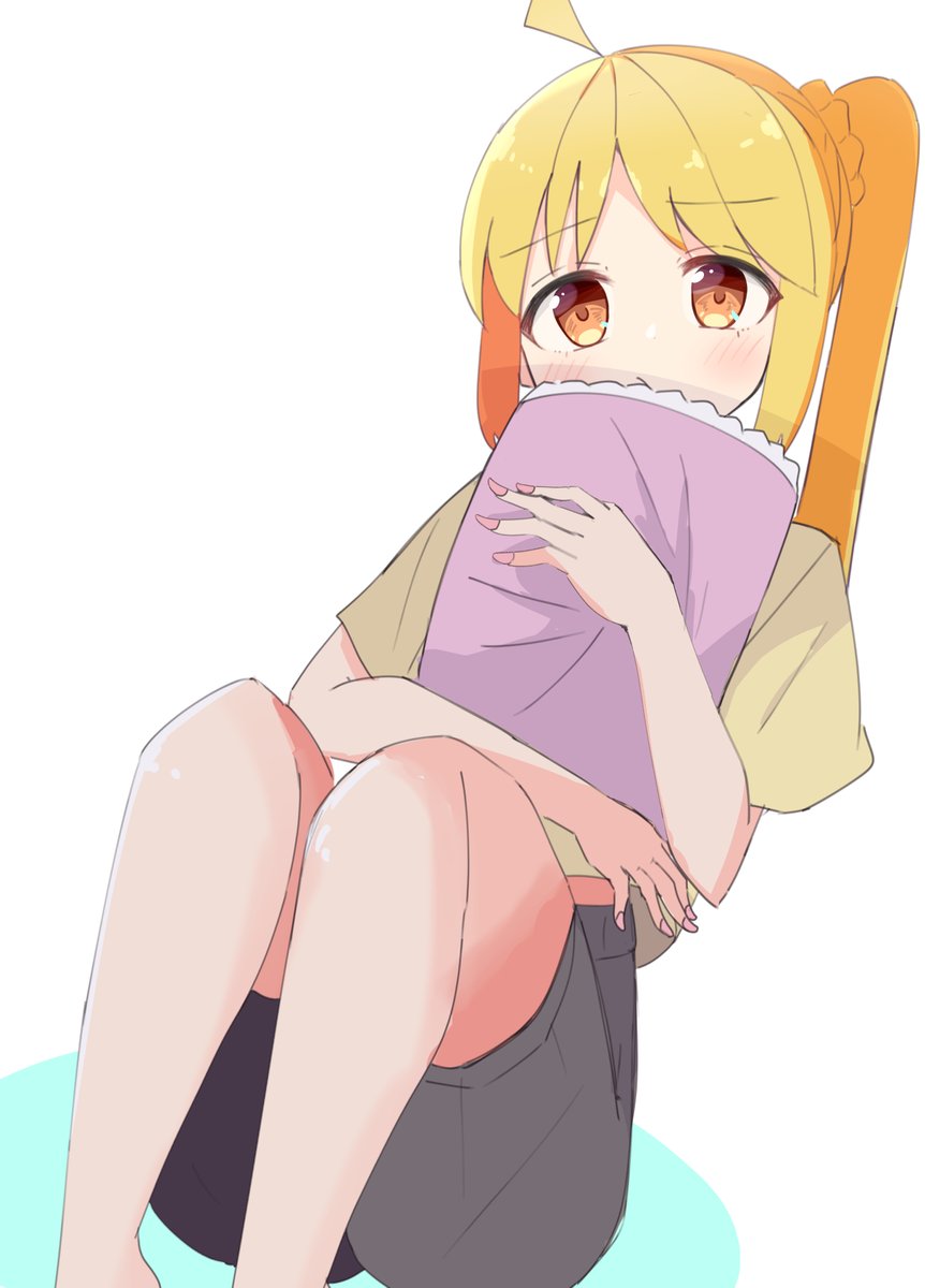 ijichi nijika 1girl blonde hair solo shirt object hug ahoge long hair  illustration images