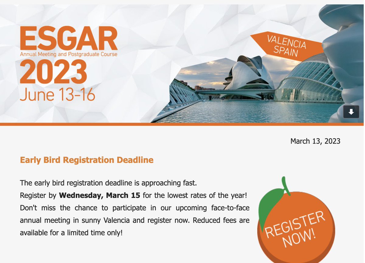 Don't forget <a href="/EsgarSociety/">ESGAR</a> 2023 Annual Meeting Early Bird registration closes Wednesday 15th March. 
Also the Famous ARGANZ @ ESGAR dinner, Valencia Edition, will take place on Wednesday 14th June, venue to be confirmed. Register your interest: admin@arganz.org