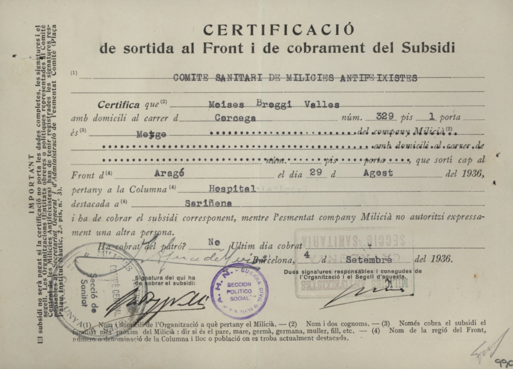 MOISÈS BROGGI
Sempre compromès en la lluita contra el feixisme.
Imatge: Fitxa de Moisès Broggi Vallès. El 29/08/1936 s'incorporà com a metge en el Comitè Sanitari de les Milícies Antifeixistes de Catalunya. Destinat a l'Hospital de Sarinyena (Front d'Aragó).
Font: ANC
#Dignitat