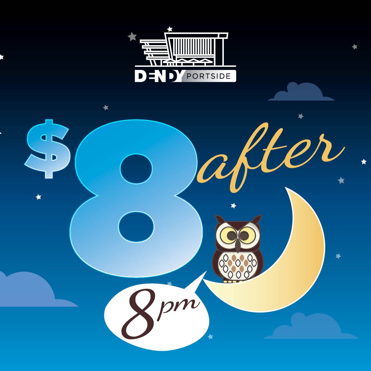 Night owls flock to Dendy Portside for our $8 after 8pm offer!

That's just $8 a ticket for any film after 8pm - Including weekends. Offer available from now until April 26. 

Head to our session times to choose a screening after 8pm ow.ly/PqPf50MMyHP  🦉🌙