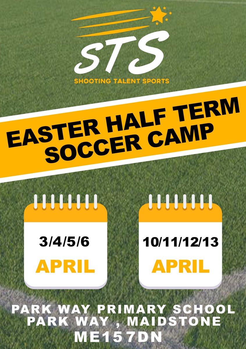ShootingTalentS's tweet photo. Easter Half Term Soccer Camp

•Mon 3rd - Thurs 6th April
•Monday 10th - Thurs 13th April
•Park Way Primary School, Maidstone
•9am -3pm
•Boys &amp; Girls Aged 5-12
•£15 a day / £40 per week.
•TO BOOK 📲📞 (07985 350366) or 📩 shootingtalentsports@outlook.com https://t.co/iOszRZ3SCt