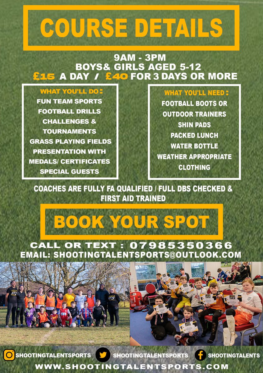 ShootingTalentS's tweet photo. Easter Half Term Soccer Camp

•Mon 3rd - Thurs 6th April
•Monday 10th - Thurs 13th April
•Park Way Primary School, Maidstone
•9am -3pm
•Boys &amp; Girls Aged 5-12
•£15 a day / £40 per week.
•TO BOOK 📲📞 (07985 350366) or 📩 shootingtalentsports@outlook.com https://t.co/iOszRZ3SCt