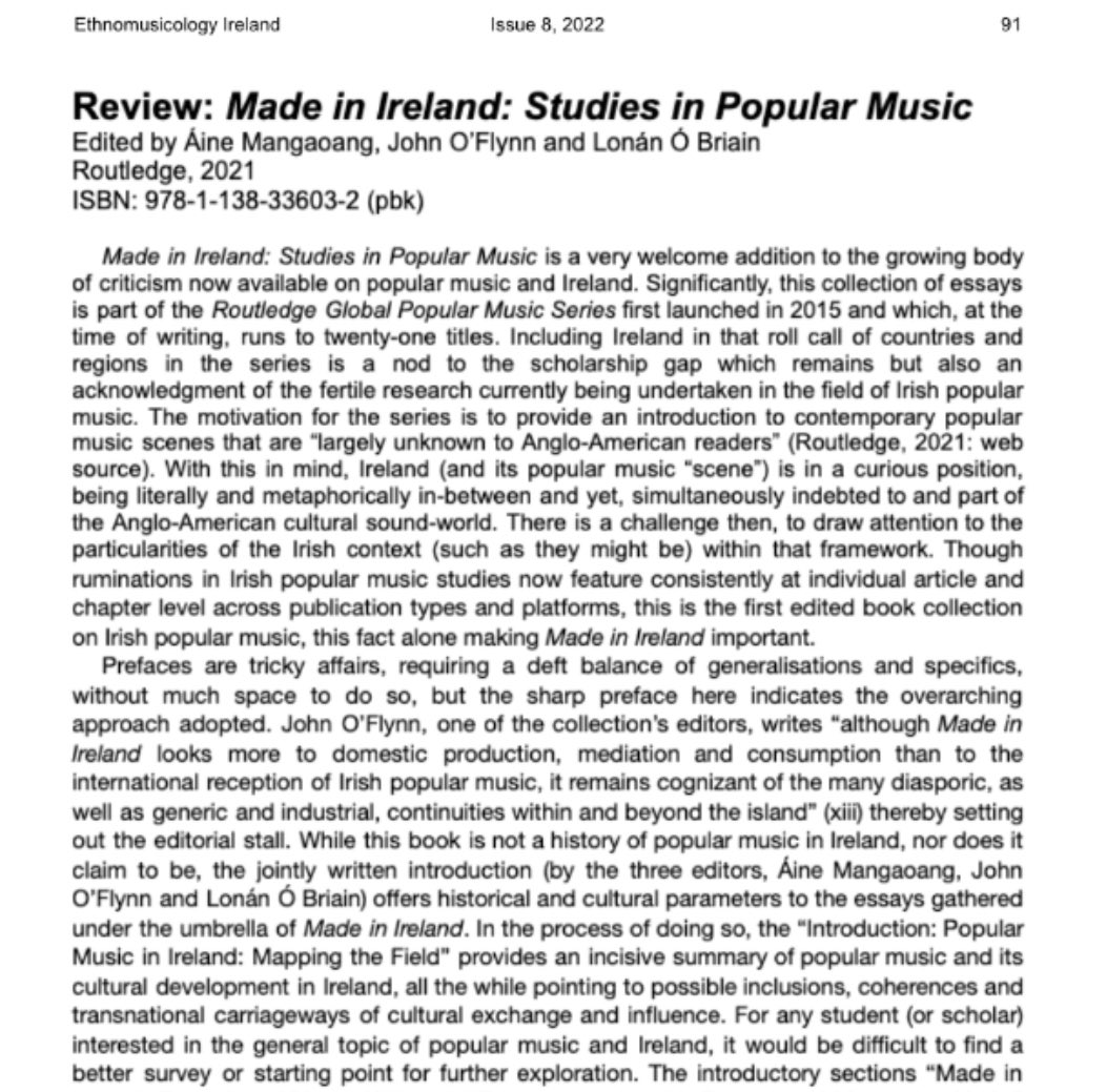 Heartwarming to see our book Made in Ireland: Studies in Popular Music <a href="/RoutledgeMusic/">Routledge Music Editors</a> receive such a generous review. Míle maith agat Méabh Ní Fhuartháin agus <a href="/ICTMIreland/">ICTM Ireland</a> 💚

ictm.ie/review-made-in…