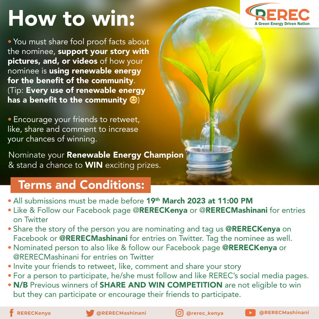 We acknowledge and celebrate renewable energy champions. Lots of giveaways to be won for you and the person you nominate as a renewable energy champion. Check out the poster below for details on how to participate. #MyRenewableEnergyChampion