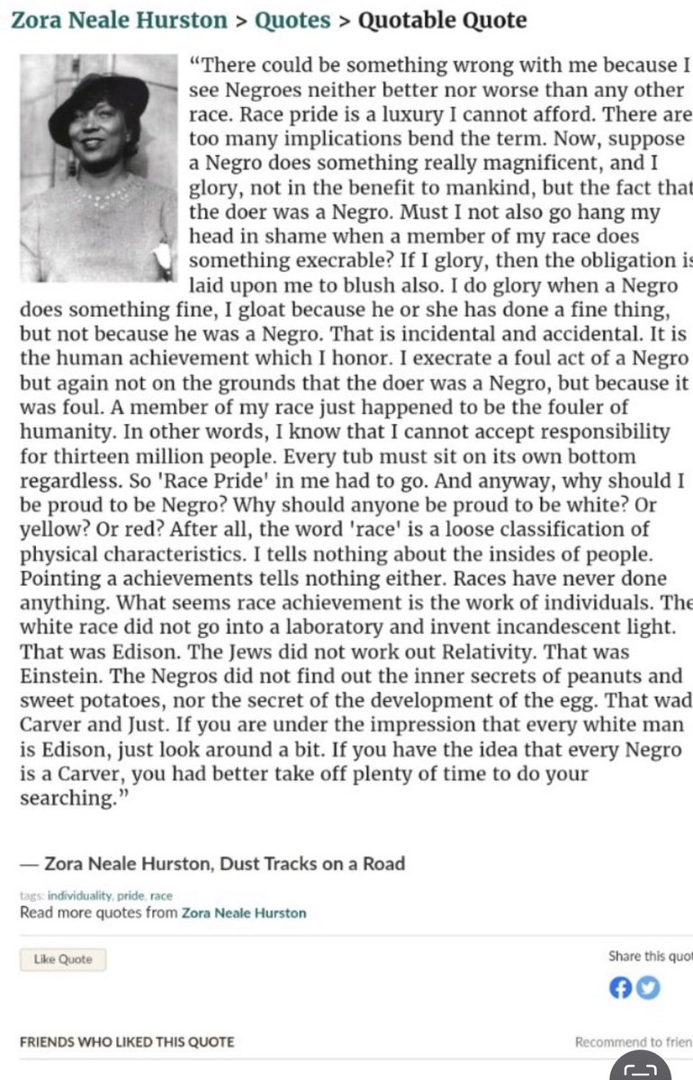 Bee_Mc_Cee's tweet photo. @wil_da_beast630 This Zora Neale Hurston quote reflects my take on racialized pride. Calling it ‘pride’ also seems to invoke an us-v-them frame, which is an absolute non-starter for me. https://t.co/gcNK1I3mfo