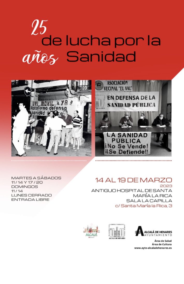 Esta mañana inauguraremos la exposición de los 25 años de nuestra Plataforma. 
Recoge la historia de estos 25 años de lucha por una #SanidadPublica de calidad. 
En Santa Mª la Rica.