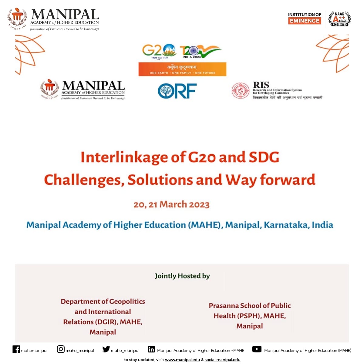 MAHE in collaboration with T20 Secretariat,ORF, RIS to host a T20 Side Event, "Interlinkage of G20 and SDGs: Challenges, Solutions and Way forward". The event will be jointly hosted by PSPH &amp;  DGIR, MAHE on 20th &amp; 21st March 2023.
#MAHEManipal #T20org #Think20   #SDGs