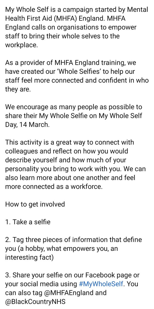 MHFA & SFA training provider ๐ (@bchft_mhfa) on Twitter photo Who do you present at work as and are you encouraged to be your unique self? Take part in this year's
#MyWholeSelf campaign with <a href="/MHFAEngland/">MHFA Englandยฎ</a> <a href="/BlackCountryNHS/">BCHFT - Black Country Healthcare Foundation Trust</a> #MHFA ๐ Who do you present at work as and are you encouraged to be your unique self? Take part in this year's
#MyWholeSelf campaign with <a href="/MHFAEngland/">MHFA Englandยฎ</a> <a href="/BlackCountryNHS/">BCHFT - Black Country Healthcare Foundation Trust</a> #MHFA ๐