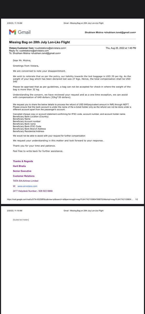 shubh0306's tweet photo. @airvistara Is this how you treat your customers after losing their bag? You lie to them so that you don’t have to pay compensation for your own mistake? Deposit the remaining 100USD immediately to my bank account. https://t.co/zk0P4nO2St