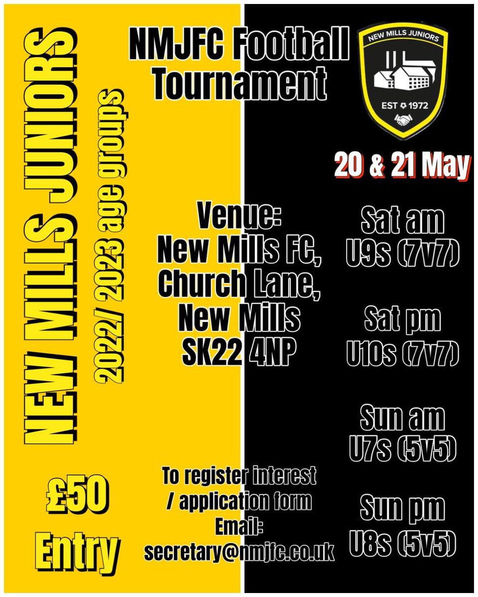 ☆only 2 remaining places for the U9s agegroup☆
book on quick to avoid disappointment. 
<a href="/NewMillsJuniors/">New Mills Juniors FC</a>
<a href="/NewMillsFC/">New Mills Football Club</a> 
<a href="/highpeakjfl/">HighpeakJFL</a>
<a href="/CgflStockport/">CGFL-Stockport Division</a>
Stockport Metro JFL 
⚽️ share away folks ⚽️