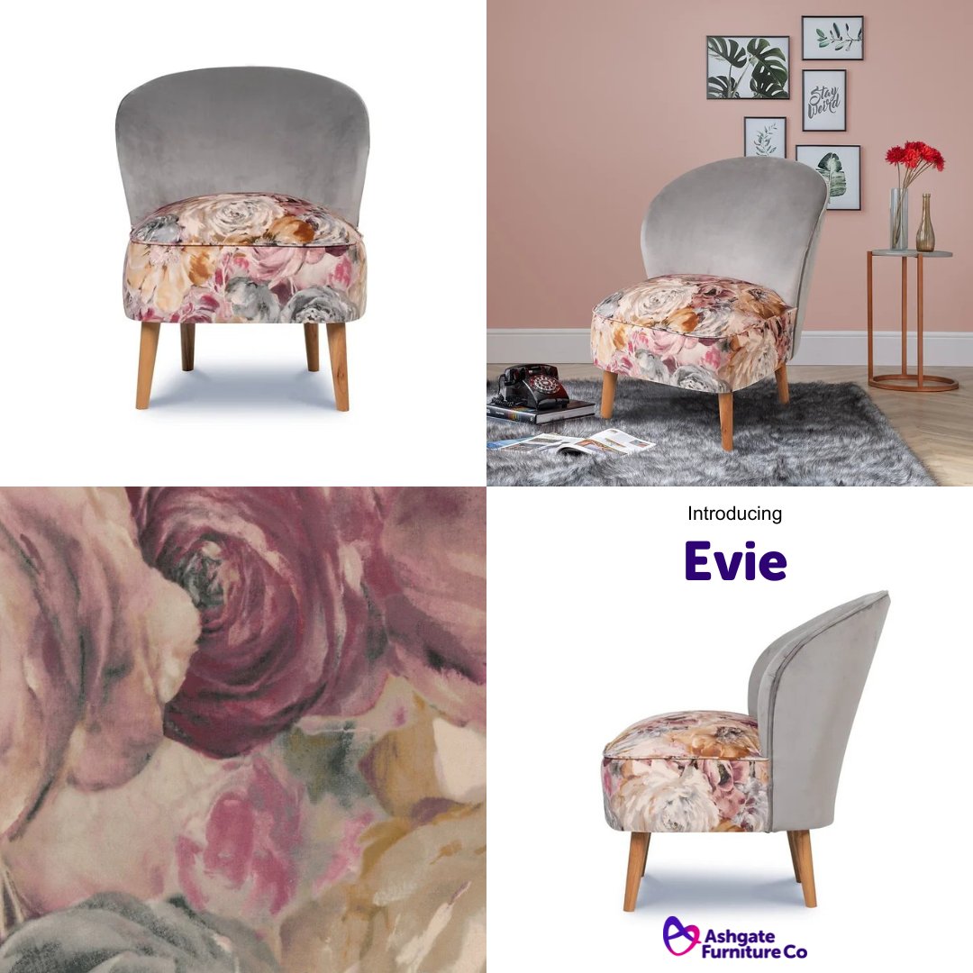 ashgatefurnco's tweet image. Introducing Evie!
Beautiful accent chair in plush velvet with a floral seat 🌼💐🌺
#OccasionalChair #AccentChair #VelvetChair #BedroomChair #Botanical #Floral #Furniture 
Pictured is a low velvet chair with grey back and floral seat.