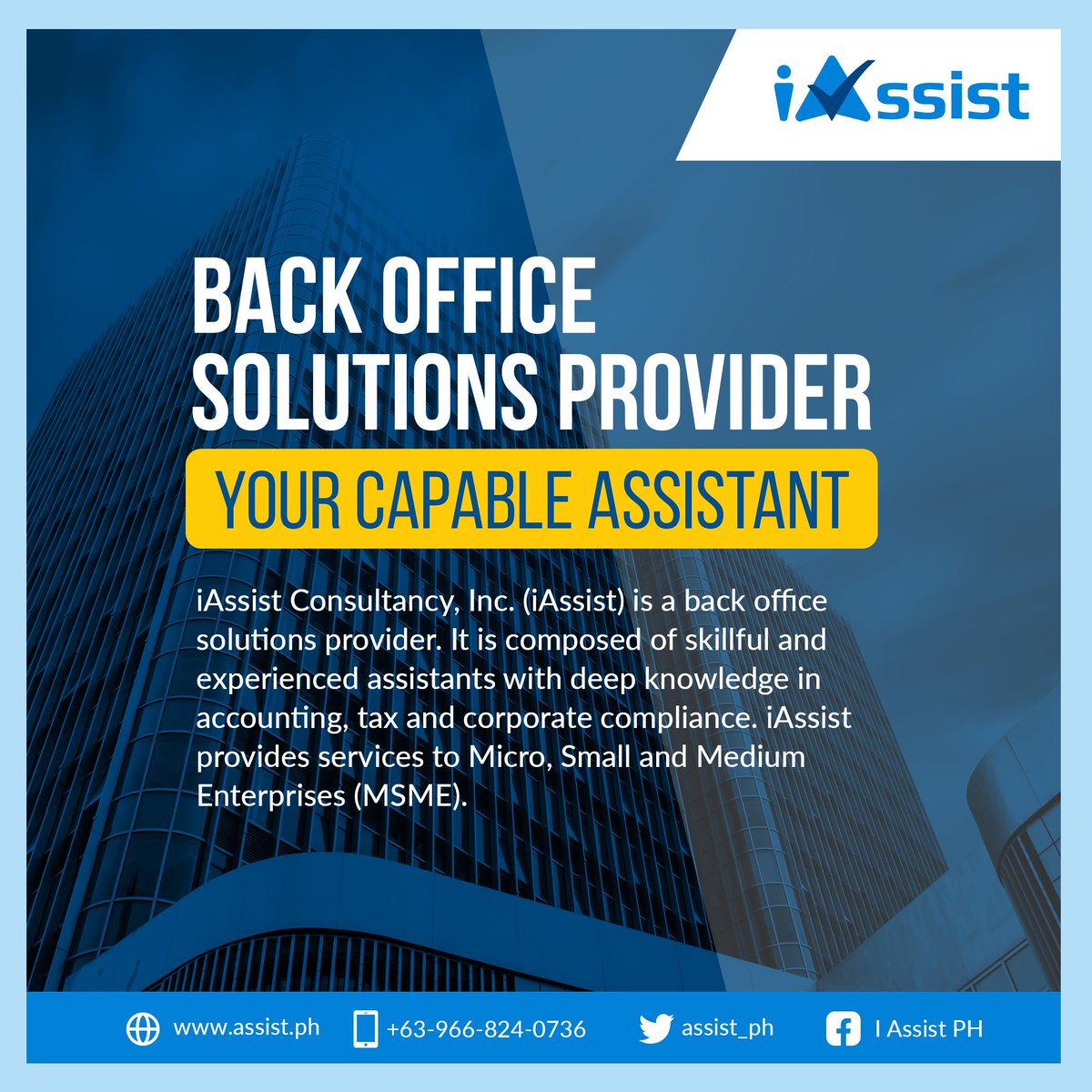 iassist_ph's tweet image. Empowering MSMEs with expert back-office solutions! 

iAssist - a team of skilled assistants specializing in accounting, tax, and corporate compliance. Let us help you focus on growing your business while we take care of the administrative work.  

#iAssist #ExpertAssistants