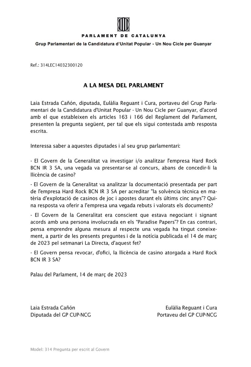 cupnacional's tweet photo. La CUP-NCG registra una bateria de preguntes i ha sol·licitat tota la documentació sobre el Hard Rock arran de les informacions destapades per @La_Directa https://t.co/ySyC5xnlsX