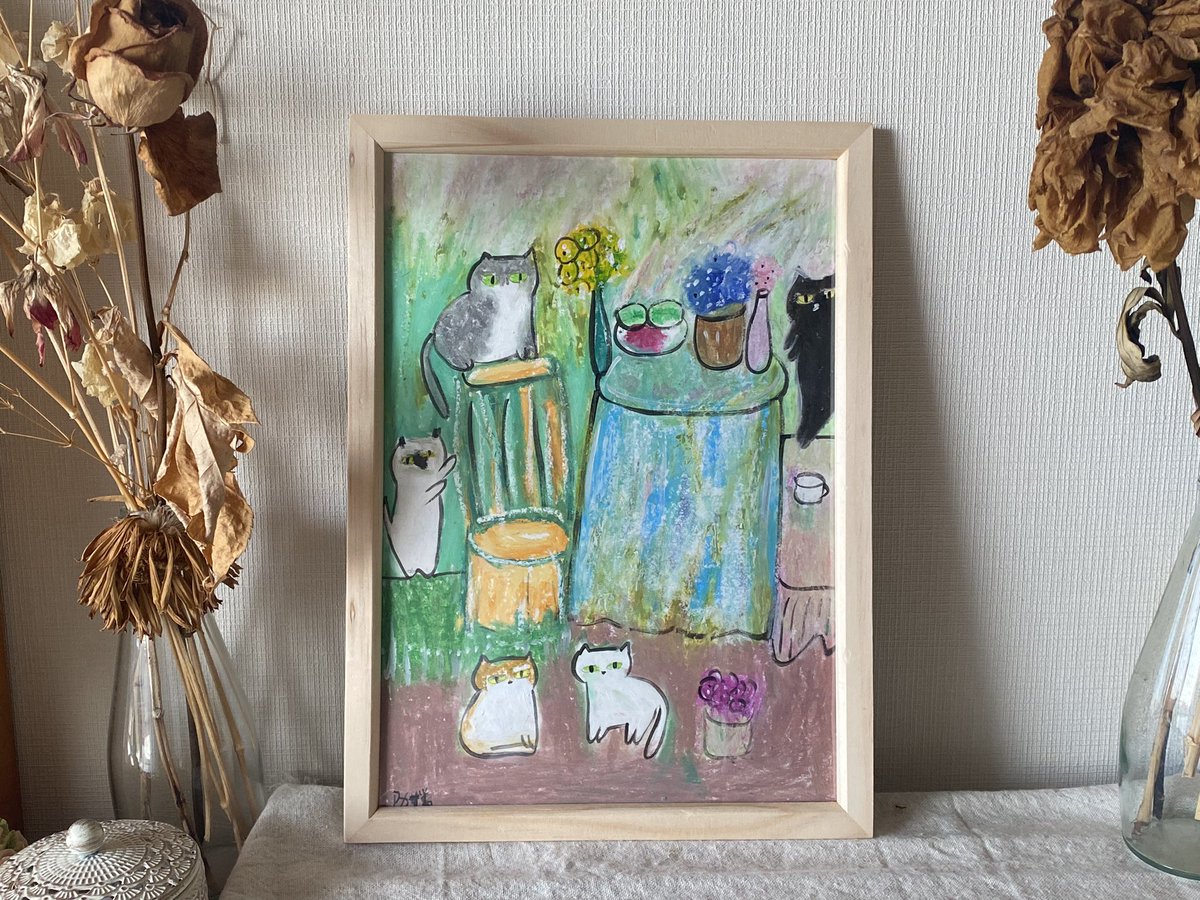 絵画 。手描き【花と食べ物でいっぱいのレストラン、猫たちの楽しい