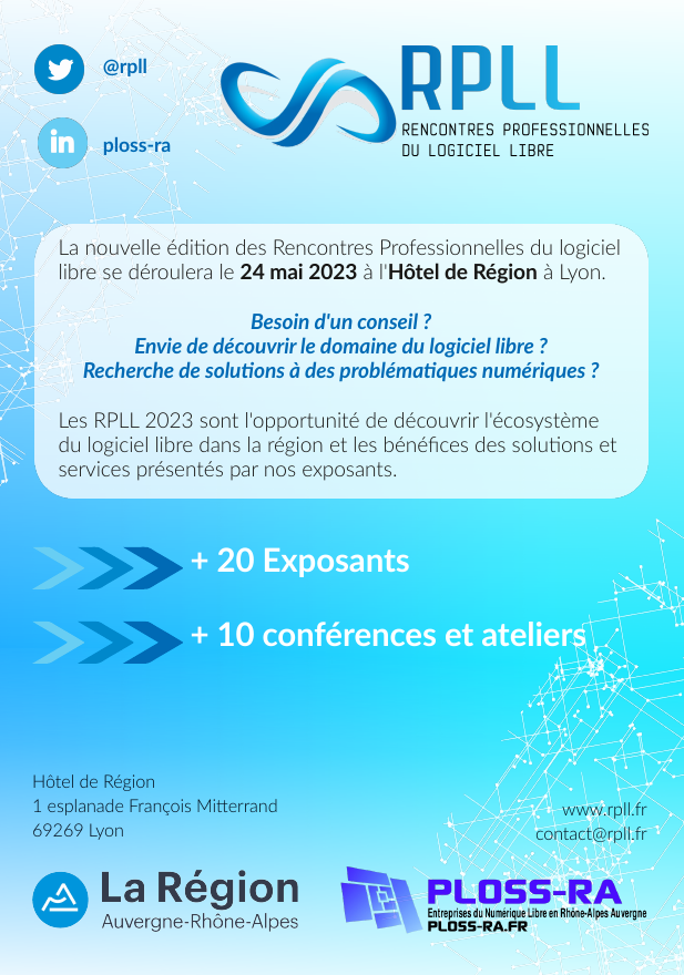 👔 Vous êtes une entreprise de l'écosystème du Logiciel Libre ? Profitez vite des derniers stands disponibles aux #RPLL qui auront lieu le 24 mai prochain à Lyon !

📄 Formulaire d'inscription disponible sur rpll.fr/inscription-88

#RPLL23 #LogicielLibre #OpenSource