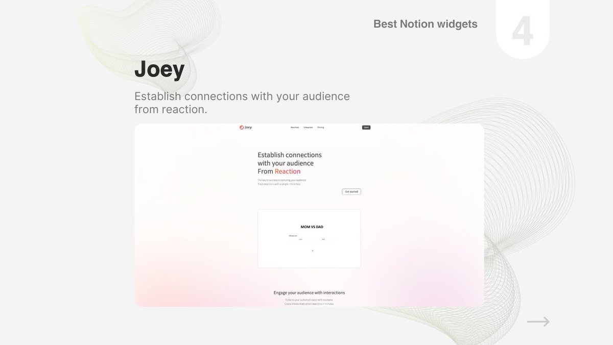 <a href="/NotionHQ/">Notion</a> <a href="/indifyco/">Indify 🌿</a> <a href="/pomofocus/">Pomofocus</a> <a href="/ApptionCo/">Apption</a> 4️⃣  <a href="/team_joey/">joey.team</a> 

Create blocks with Joey to easily engage your audience with interactions on your notion pages.

👉 joey.team