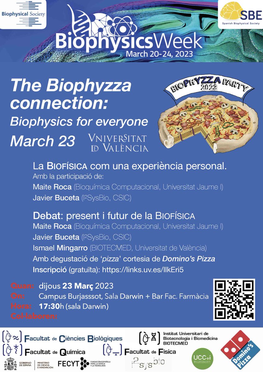 i2sysbio's tweet photo. #BiophysicsWeek @BiophysicalSoc #Biophyzza23
@SBEsp arriba a València!
📅23.03.23
⏲️17:30h
📍Sala Darwin #CampusBurjassotUV @UV_EG
📣#MaiteRoca @JavierBuceta @IsmaelMingarro
⏲️ 19:00h
📍Pizza al Bar de Farmàcia
Inscripció gratuïta: https://t.co/xgmiELHo6I https://t.co/JU8HxEyIQt
