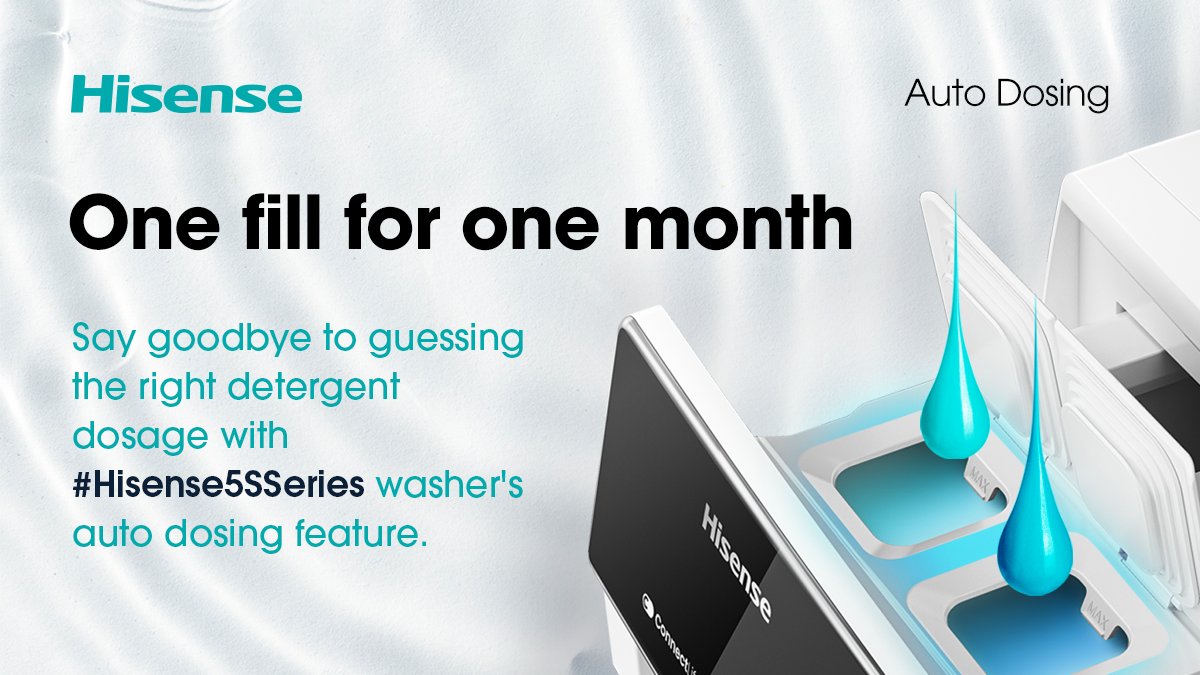 HisenseIntl's tweet photo. 👔Laundry just got a whole lot easier! Laundry advanced. #Hisense5SSeries auto-dose delivers exact detergent amount for a perfect wash every time, based on clothes weight. Smart washing at its best! #Hisense #AutoDosing #HomeAppliances https://t.co/glsBM7zDN8