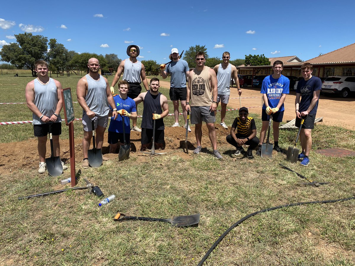 ChaplainMarty's tweet photo. Still no bags have arrived but we are living on two t-shirts and two pairs of shorts!  We dug a water line ditch and put in the line.  Guys were power workers!  BoilerUP https://t.co/2Id7X95Yd3