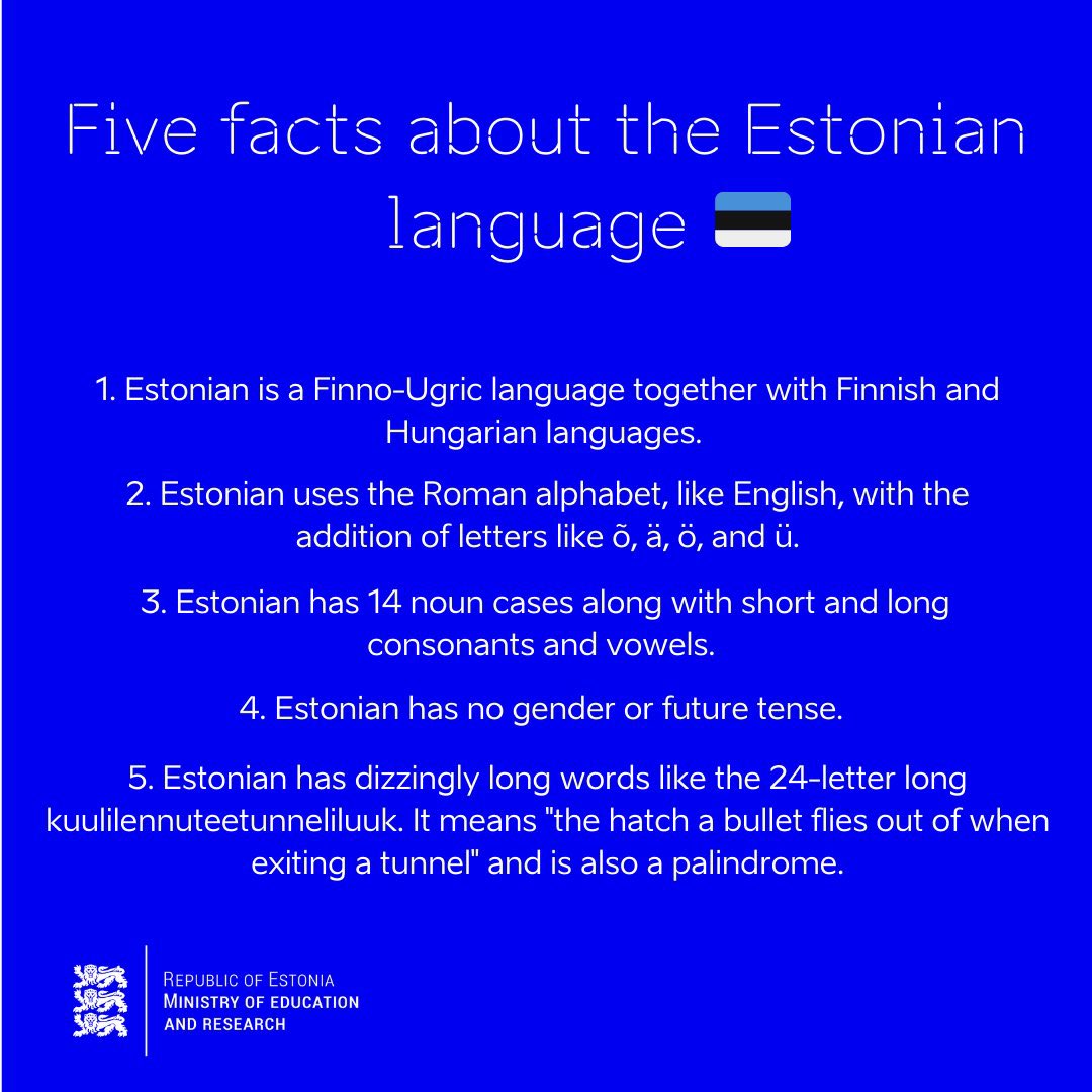 On the occasion of Estonia's 🇪🇪 #emakeelepäev today, @haridusmin has gathered five fun facts about Estonian language.

Since 1996, #emakeelepäev is celebrated on March 14, on the birthday of Kristjan Jaak Peterson, Estonian 19th century poet and herald of our national literature.