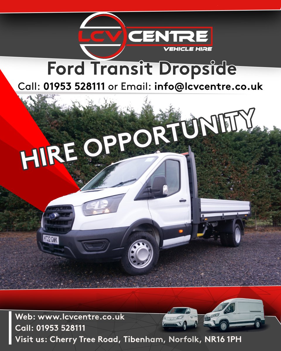 Ford Transit Dropside 350 RWD now available on long term hire.
What we offer :
⚫️ Complete fleet management
🔴 Free of charge replacement vehicle*
⚫️ Inspection management inc. all servicing and maintenance*
*T&amp;Cs Apply.
Contact us today
📞 01953 528111
🖥 lnkd.in/e4Zkej3y
