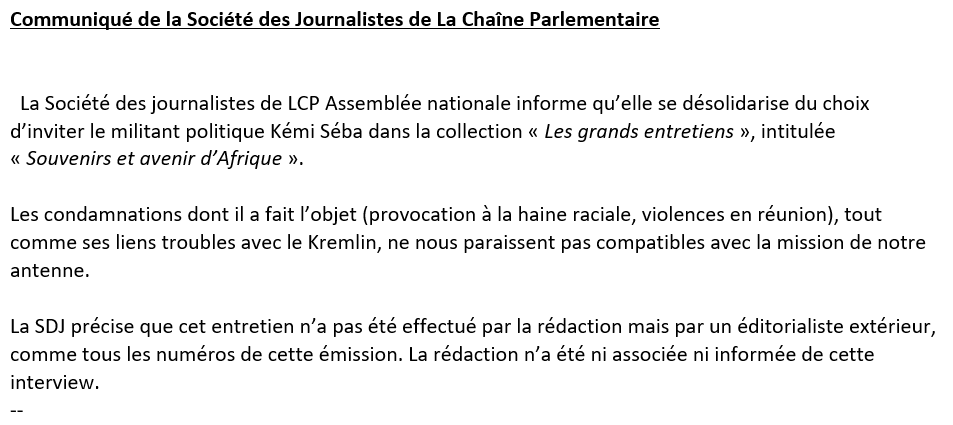 La SDJ de <a href="/publicsenat/">Public Sénat</a> soutient la SDJ de <a href="/LCP/">LCP</a> qui se "désolidarise du choix d'inviter le militant politique Kémi Séba".