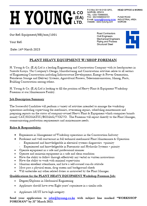 HYoungCoEALtd1's tweet photo. #WorkshopForeman needed
Are your proficient in managing a busy repair and maintenance workshop? Do you know your way around #HeavyConstructionEquipment? If this is YOU, We are looking for YOU! Please write to us details below https://t.co/QjXvyMck3U