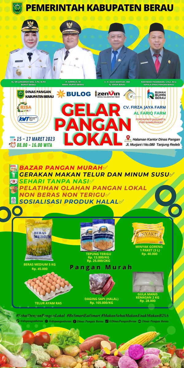 DisPanganBerau's tweet photo. Halo Sobat Pangan!
Dinas Pangan akan menyelenggarakan GELAR PANGAN LOKAL pada tanggal 15 s.d 17 Maret 2023 pukul 08.00 - 16.00 WITA bertempat di Halaman Kantor Dinas Pangan Kabupaten Berau (Depan Lapangan Batiwakkal) Jl. Murjani I No.80 Tanjung Redeb.
@p_berau @BadanPangan https://t.co/2vSZYyUVJw