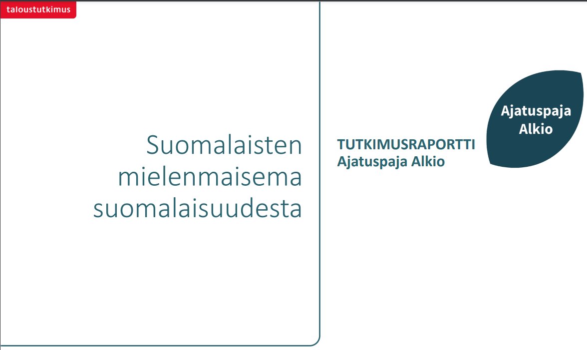 Pysäyttäviä huomioita @AjatuspajaAlkio'n ja @Taloustutkimus kyselyssä 'Suomalaisten mielenmaisema suomalaisuudesta'.

Seuraa muutama nosto liittyen teemoihin #nationalismi, #etnonationalismi ja #rasismi.