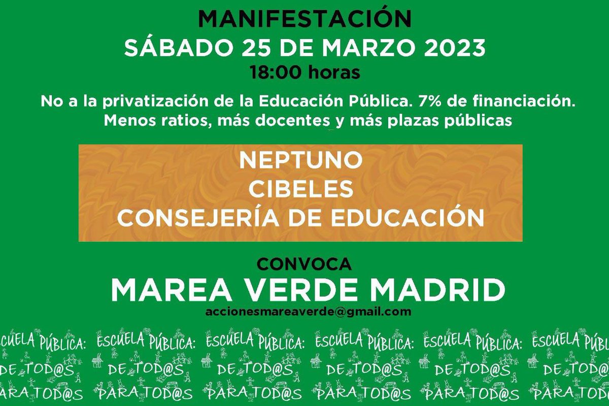 Privatizaciones, sin financiación para la Pública, ratios por las nubes, recortes en las plantillas... 
 
🟢Nos manifestamos con <a href="/VenaMareaVerde/">Marea Verde Madrid ¡#MatricúlateEnLaPública!</a>  ‼️ 
 
📆 Sábado 25 de marzo 
🕙18h 
📍 Plaza de Neptuno 
 
🔴⚫️Nos vemos en la lucha! 
#DocentesEnAcción 
#DefendiendoLaPública