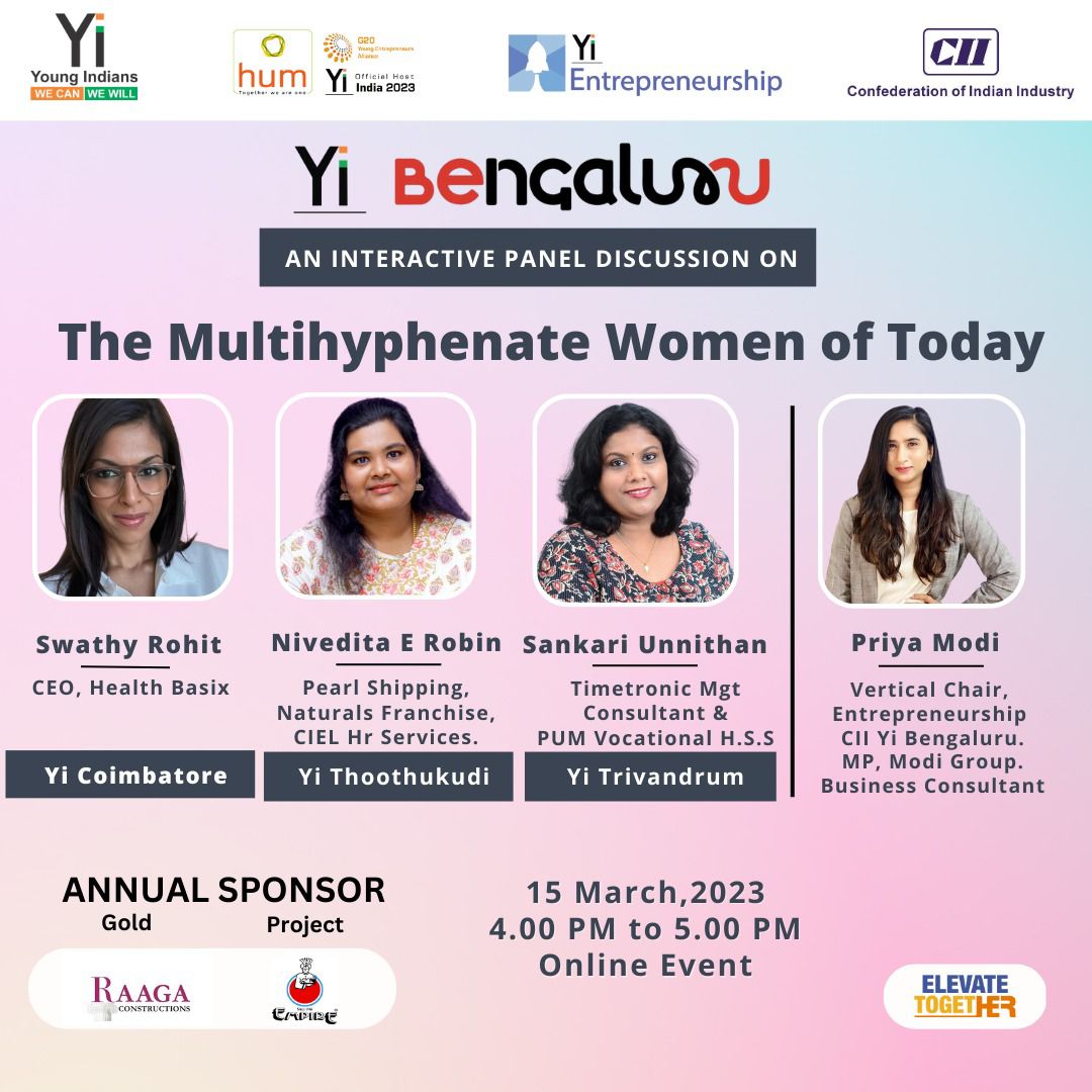#CII #YiBengaluru invites you to come be a part of new era. 
Our profound speakers from Yi Coimbatore, Yi Thoothukudi, Yi Trivandrum are here to share their expertise.
Please block your calendars.
𝐓𝐢𝐦𝐞: Mar 15, 2023 04:00 PM India
DM Us.