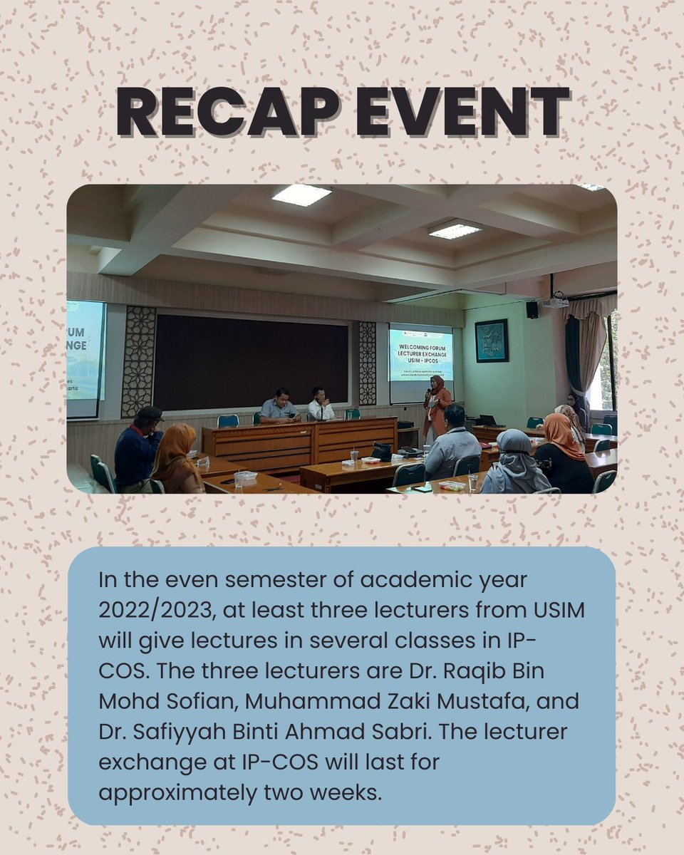 Hi IP-COS fellas!

Yesterday, IP-COS held a welcoming forum lecturer exchange with lecturers from Universiti Sains Islam Malaysia (USIM).

Click the picture to see the recap event!
#IPCOS #IPCOSUMY #InternationalCommunicationUMY #komunikasiumy #umyogya