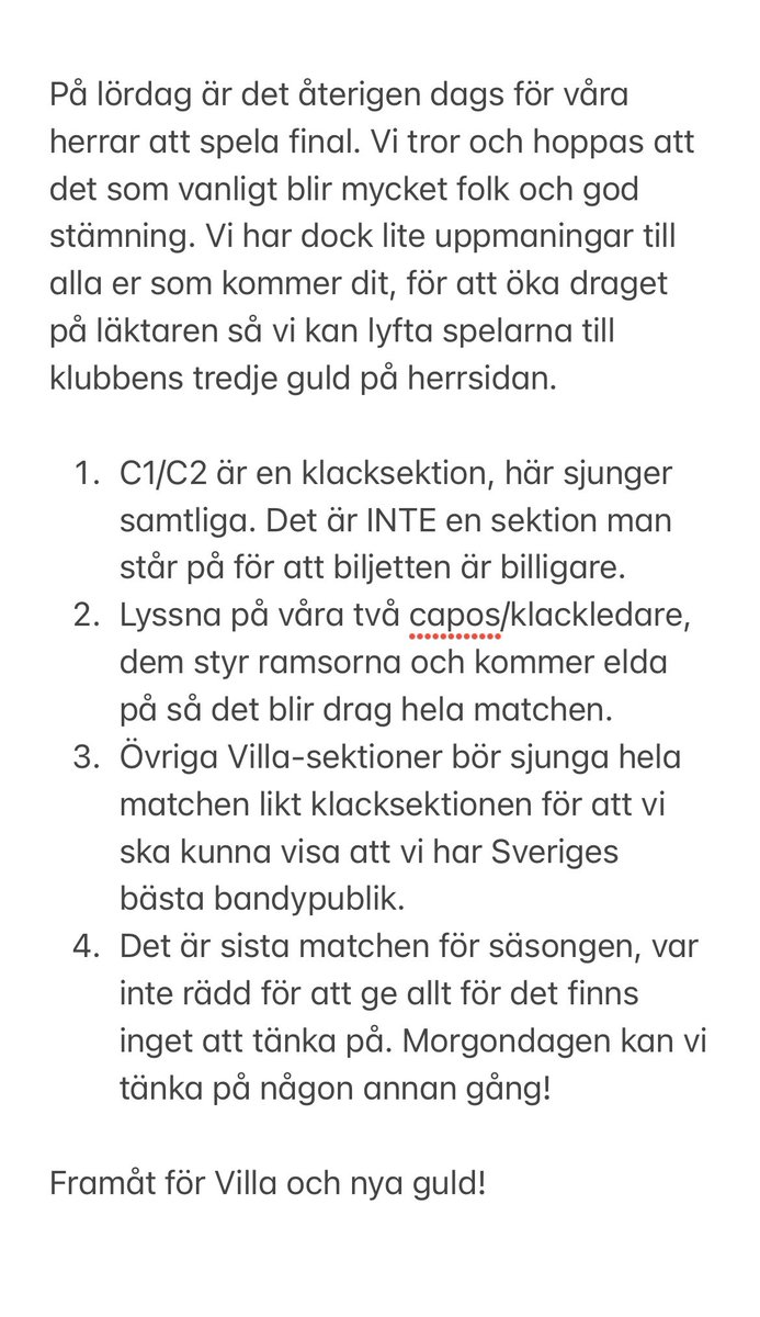 Angående lördag! Väl mött och värm upp rösten ordentligt så går vi för guld! 💙 <a href="/vlbk_officiella/">Villa Lidköping BK</a> <a href="/VSupporterklubb/">Villa Supporterklubb</a>