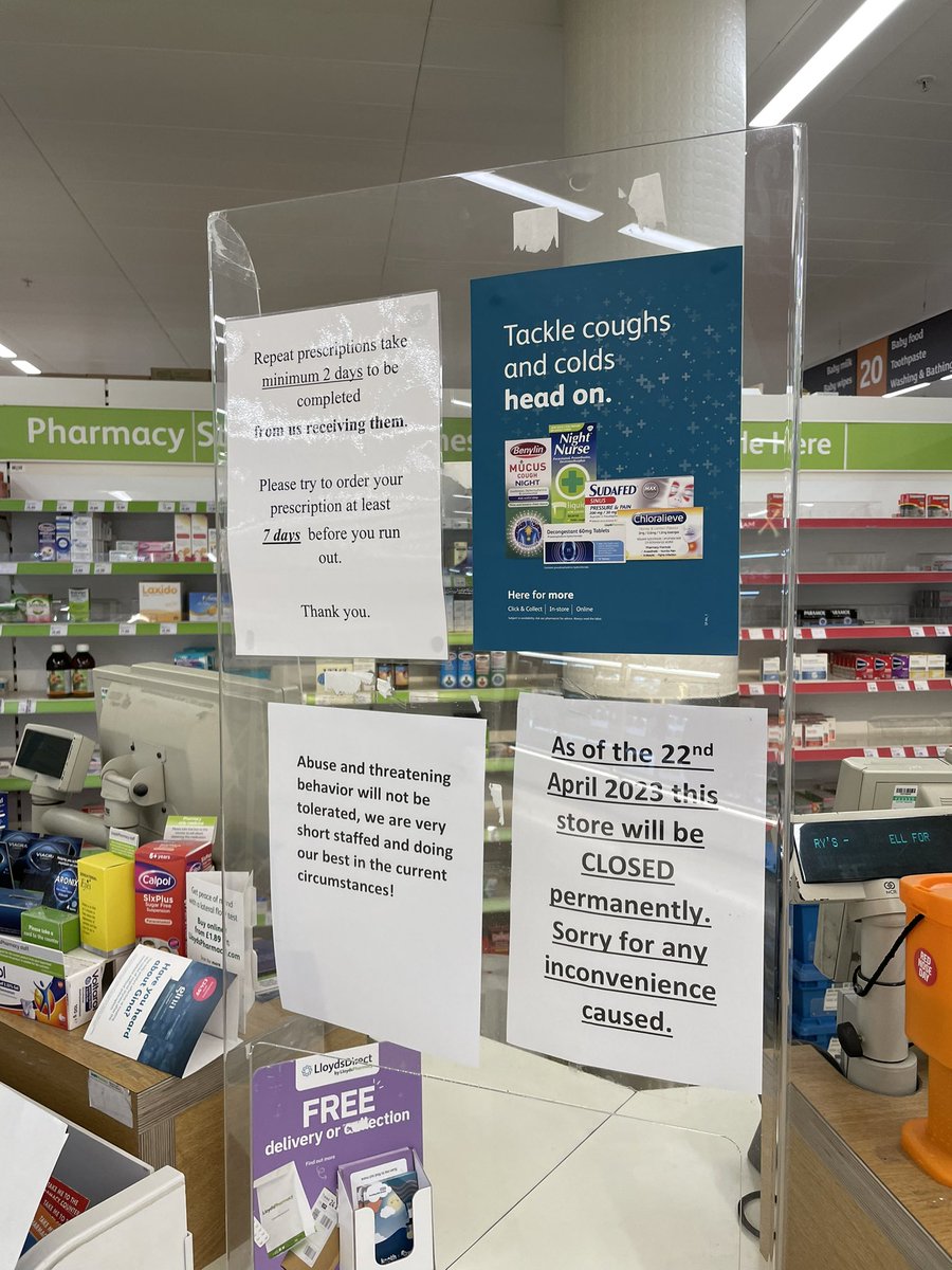 jacksonderick's tweet photo. @sainsburys website says @LloydsPharmacy opens at Arnison Centre at 8am. Turn up at 8:50 and it's closed - I'm told permenantly (despite them clearly thinking it's from 23 April). Helpful as ever, magnificent customer service 🙄 https://t.co/c3PaDampHP