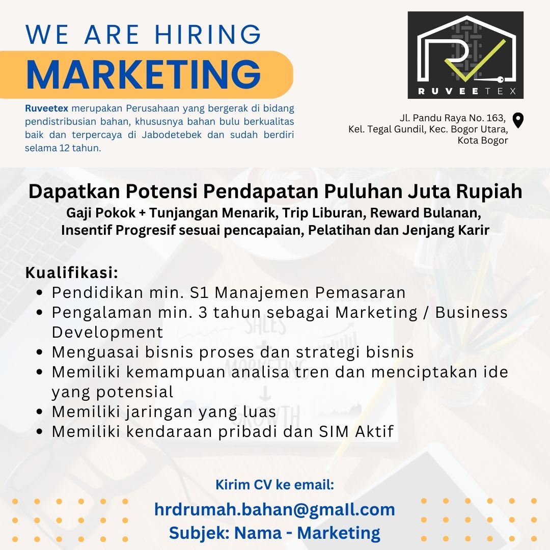 rinrinana's tweet photo. @worksfess Ada kak. Untuk bagian Marketing, penempatan di Kota Bogor. https://t.co/RkBmS6LsjA