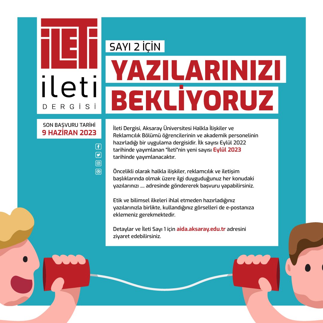 Yazı alımlarımız devam etmektedir. Halkla İlişkiler Reklamcılık ve İletişim alanı başlığı olmak üzere ilgili duyduğunuz her konudaki yazılarınız ile başvuru yapabilirsiniz.

aida.aksaray.edu.tr