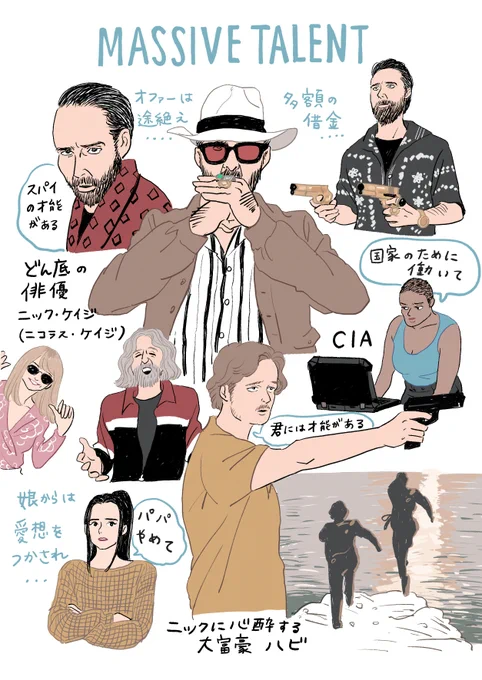 3/24公開「マッシブ・タレント」https://t.co/TMP0xVu2AmのPRイラストを描きました!スパンコールのニコラス・ケイジがのインパクトがすごいし、観終わった後は「パディントン2」が観たくなります。ぜひ! 