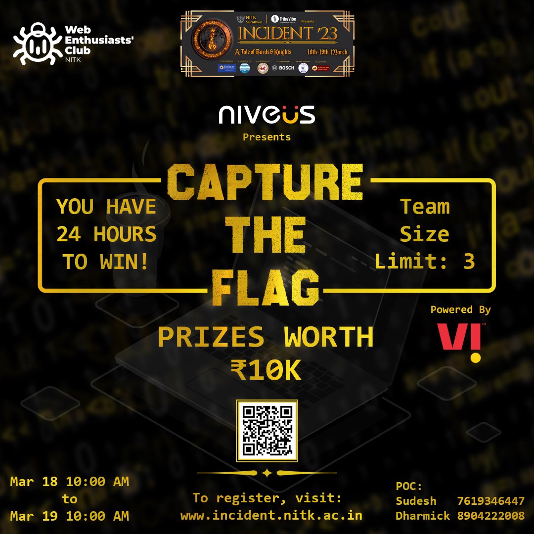 incident_nitk's tweet photo. Alright coders, are you ready to join us in a thrilling capture the flag contest? Are your skills strong enough to match the waving flag?

Let's find out in a battle of brilliant minds this Incident at "Capture The Flag"!

#CaptureTheFlag #ctf #coding #programming #code #nitk https://t.co/2Y1D5smbXF