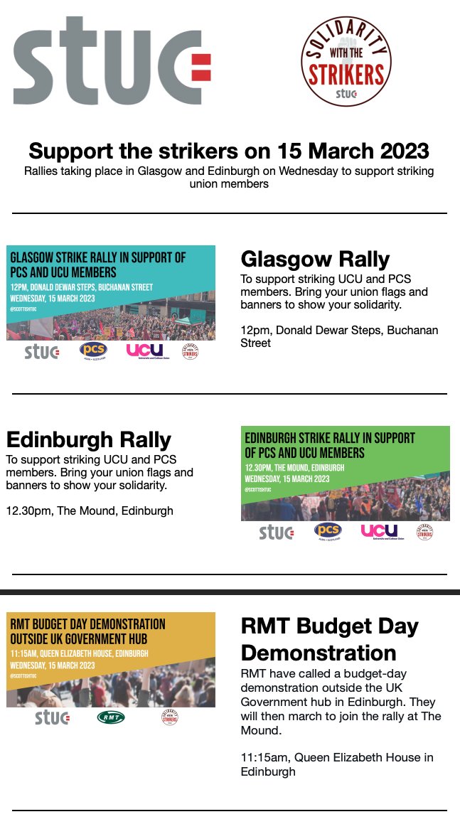 Trade Unions In Communities (@tuic_org_uk) on Twitter photo Support the strikers on 15 March 2023 -
Rallies taking place in Glasgow and Edinburgh on Wednesday to support striking union members. <a href="/ScottishTUC/">STUC</a> <a href="/pcs_union/">PCS Union (pcs.org.uk)</a> <a href="/ucu/">UCU</a> <a href="/RMTunion/">RMT</a> <a href="/RMTedinburgh/">RMT UNiON EDINBUGH</a> #Edinburgh #Glasgow #Union Support the strikers on 15 March 2023 -
Rallies taking place in Glasgow and Edinburgh on Wednesday to support striking union members. <a href="/ScottishTUC/">STUC</a> <a href="/pcs_union/">PCS Union (pcs.org.uk)</a> <a href="/ucu/">UCU</a> <a href="/RMTunion/">RMT</a> <a href="/RMTedinburgh/">RMT UNiON EDINBUGH</a> #Edinburgh #Glasgow #Union