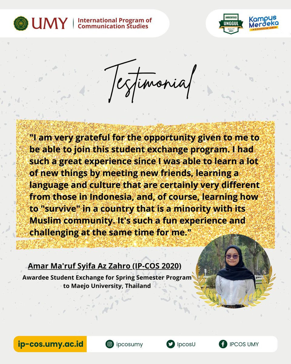 Congratulations!

One of our fellows has passed the student exchange for the spring program to Maejo University, Thailand.

We hope the knowledge gained is useful and can be implemented!

#IPCOS #IPCOSUMY #InternationalCommunicationUMY #umyogya